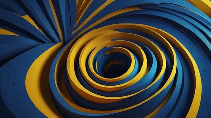 Abstract spiral design featuring blue and yellow layered shapes forming a vortex effect visually