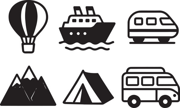 Playful travel doodles in line art or flat vector style featuring World Tourism Day, wanderlust, and vacation themes