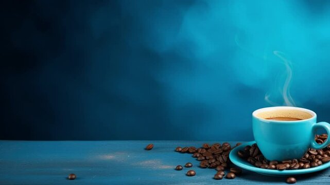 Morning Ritual: A captivating still life features a steaming cup of coffee, with scattered beans, on a cool blue backdrop, evoking a sense of warmth and refreshment.