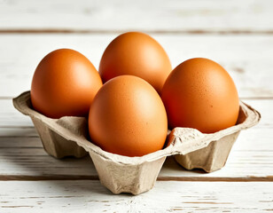 Brown chicken eggs in cardboard tray on wooden table background