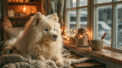 A fluffy white Samoyed dog rests on a cozy blanket by a window. Snow falls outside, creating a warm and inviting atmosphere indoors.