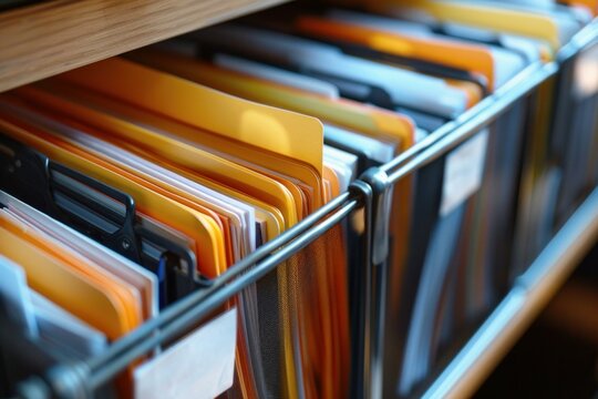 Important documents are stored in hanging folders in a filing cabinet drawer, ready for easy access and organization