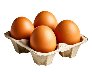 Brown chicken eggs in a cardboard tray isolated on a transparent background. Four brown raw eggs in png format png