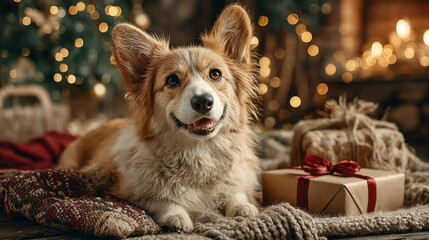 A happy corgi dog with a fluffy coat sits on a cozy blanket near a beautifully wrapped gift. The background features festive decorations and warm lights.