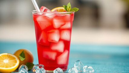 Chilled red fruit juice garnished with ice, lemon wedge, mint in clear plastic cup against weathered blue wood surface
