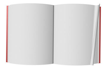 PNG. Trasparente. Libro aperto con pagine bianche su sfondo bianco..