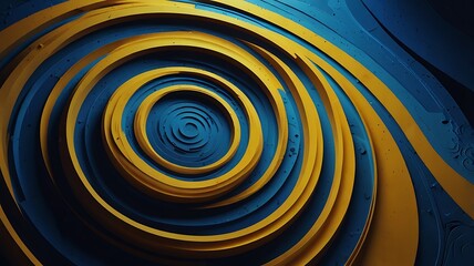 Abstract concentric circles of yellow and blue creating a swirling vortex design element art