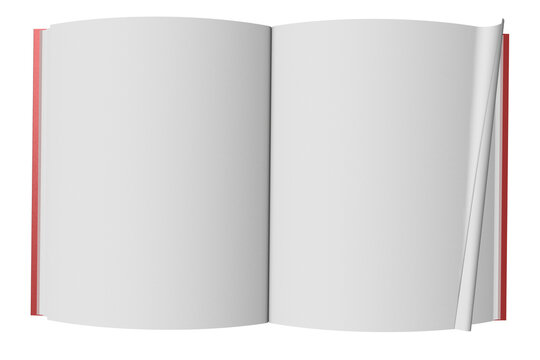 PNG. Trasparente. Libro aperto con pagine bianche su sfondo bianco..