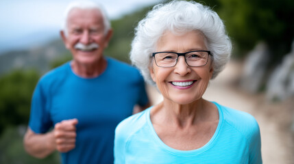 Senior woman smiling while jogging on nature trail with husband in background. Clear path set in scenic outdoor environment, promoting fitness and wellness