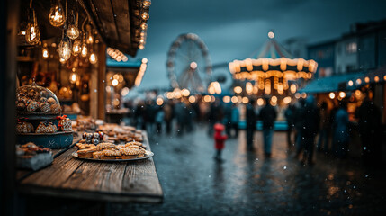 A festive market scene with illuminated stalls selling baked goods. A carousel and a Ferris wheel are visible in the background. People are enjoying the atmosphere.