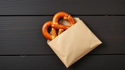 Top view of a delicious, freshly baked pretzel partially wrapped in a simple brown paper bag, resting on a dark wooden surface