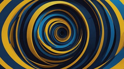 Abstract spiral tunnel with blue and yellow bands creating a vortex illusion effect art