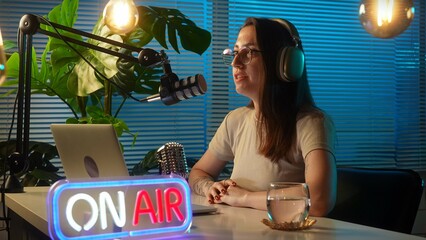 Professional Podcast Recording in Modern Studio with Microphone and On Air Sign