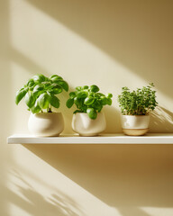 Fototapeta premium Three Potted Green Plants on White Shelf in Sunlit Room