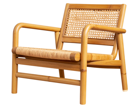 Stylish Bamboo Armchair with Curved Backrest and Woven Seat – Transparent Background
