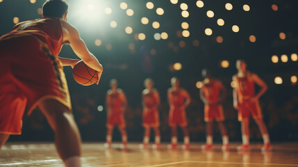 Player prepares for crucial free throw as teammates watch closely during an intense basketball game in a packed arena