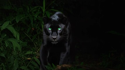 Black panther prowling through dark jungle foliage