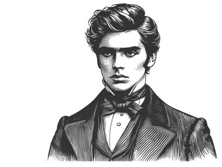 stern young man in formal Victorian attire, evoking 19th-century elegance and formality sketch engraving generative ai fictional character raster illustration. Scratch board. Black and white image.