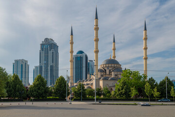 Urban landscape with the Heart of Chechnya Mosque on a June morning, Grozny