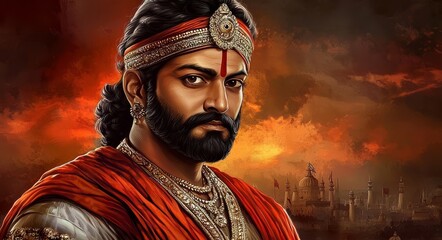 Iconic Figure Set Against a Dramatic Cityscape 