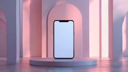 Smartphone Mockup on Pastel Stage: Arches, Columns, and Soft Light.