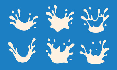 Set of milk, white chocolate, yogurt, cream, liquid splashes. Hand drawn isolated elements, silhouette on blue background for advertising, banner, menu in flat style. Vector EPS10