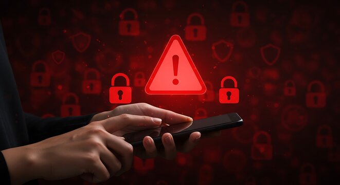 Mobile security threat detected on smartphone with warning sign
