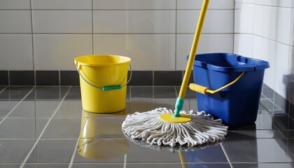 Yellow and blue buckets with mop on a tiled floor, representing cleaning, janitorial work, and hygiene maintenance in an indoor setting.