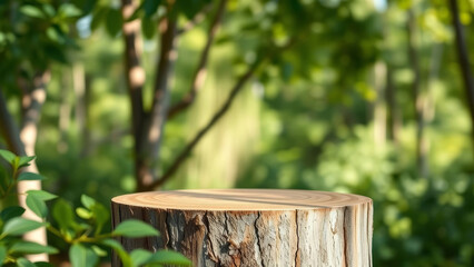 Empty tree trunk podium in a sunny forest, perfect for displaying products surrounded by nature