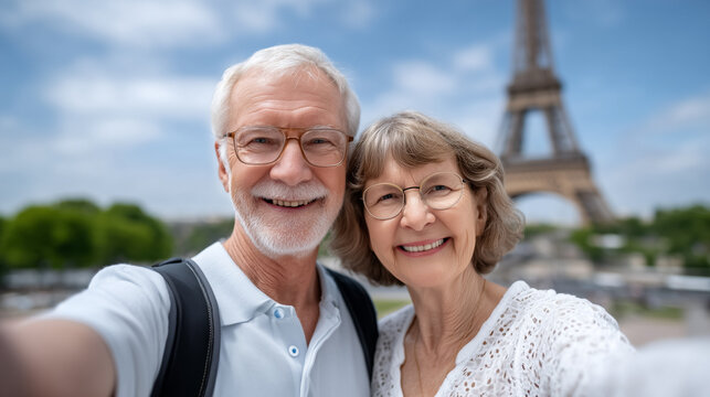 Elderly couple smiling while taking selfie near Eiffel Tower. Clear blue sky above with lush trees surrounding iconic landmark. Concept of travel, romance, adventure - Powered by Adobe
