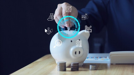 businesswoman  hand picking up a coin, representing key concepts in financial responsibility,...