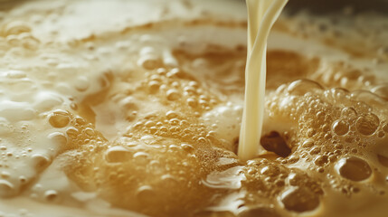 Macro shot of pouring milk into iced coffee, close up.