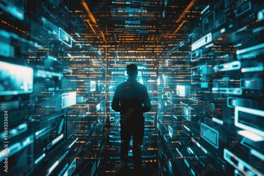 Poster Programmer walking in futuristic immersive digital environment observing data flow