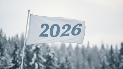 White flag displaying the year 2026 waving in the wind against a snowy forest background, symbolizing upcoming winter events or milestones