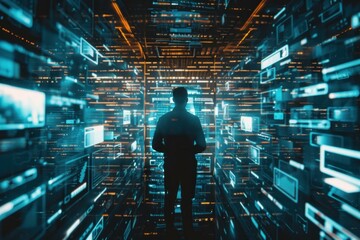 Programmer walking in futuristic immersive digital environment observing data flow