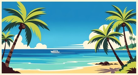 Obraz premium Tropical Beach Paradise Idyllic Coastal Scene with Palm Trees, Azure Ocean, and Sunny Skies - Perfect for Vacation Dreams