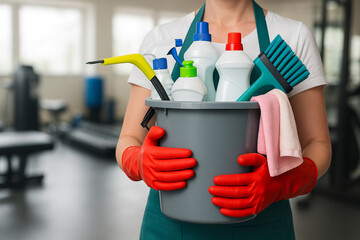 A professional cleaner wearing red rubber gloves holds a cleaning bucket filled with various cleaning products