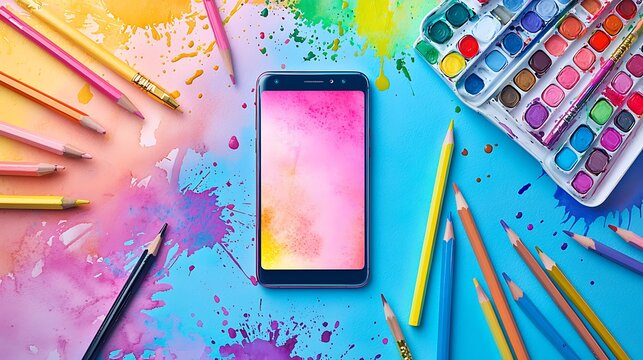 Artistic Still Life: Smartphone Amidst Watercolor Paints, Splatters, and Colored Pencils.