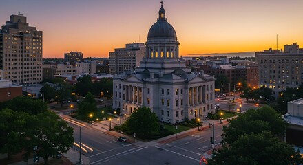 Obraz premium A grand domed capitol building is illuminated at dusk, standing majestically amidst an urban streetscape with other buildings and tree-lined streets under a colorful twilight sky.