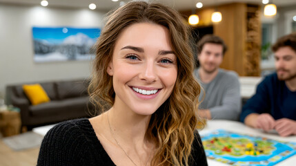 A young woman smiles warmly at the camera while two men play a board game in a cozy living room.