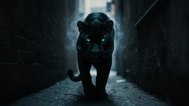 Black panther walking through dark alley with glowing eyes