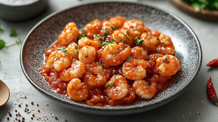 Tasty prawns fried with garlic and spices in tomato sauce close-up in a plate on the table.