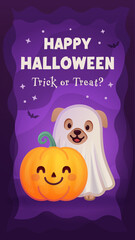 Halloween, dog, ghost, costume, pumpkin, cute, puppy, cartoon, illustration, vector, autumn, October, spooky, scary, poster, greeting, mobile, purple, orange, mascot, animal, smile, template, banner, 