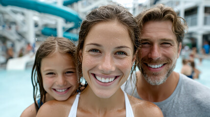 A smiling family of three enjoys a fun day at a water park with wet hair and bright expressions.