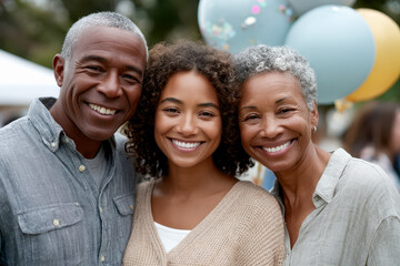 A joyful multigenerational family trio smiles warmly at an outdoor celebration with festive balloons in the background.