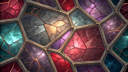 Colorful stained glass pattern with abstract geometric design and metallic borders