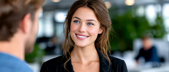 A smiling woman with brown hair engages in a friendly conversation with a man in a modern, bright office setting.