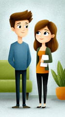A young man and woman stand facing each other, smiling, in a cozy indoor setting with a green couch and a potted plant in the background.