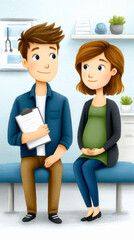 A pregnant woman and a man sit in a doctor's office, with the man holding a clipboard, both smiling and engaged in conversation.