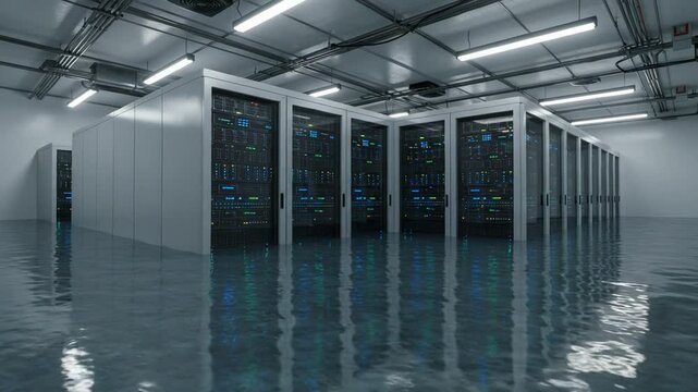 Flooded data center with server racks submerged in water